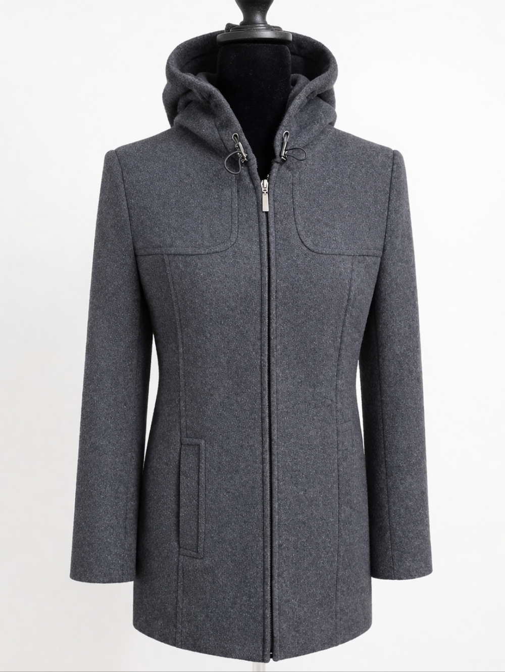 Vintage Preston & York Wool Hooded Zip Coat Small Charcoal Gray Padded Shoulders
